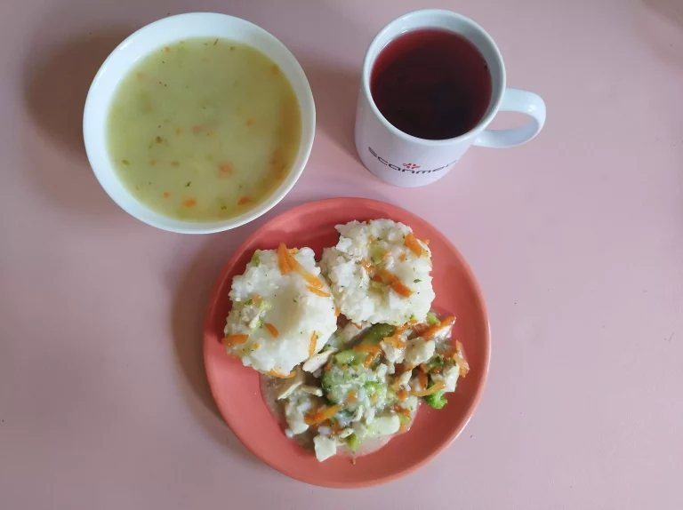 Obiad: dieta łatwostrawna 

zupa ziemniaczana 450ml, gulasz warzywny z kurczakiem i ryżem 300g, woda z sokiem owocowym
A: brak alergenów
