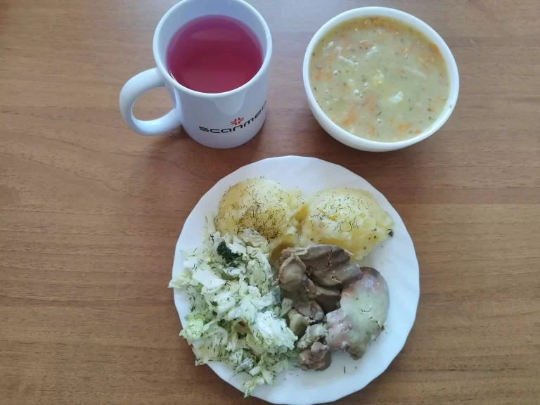 Obiad: dieta o kontrolowanej zawartości kwasów tłuszczowych

zupa grochowa 450ml, wątróbka drobiowa gotowana 150g, ziemniaki gotowane 150g, surówka z kapusty pekińskiej 110g, woda z sokiem owocowym
A: 1
