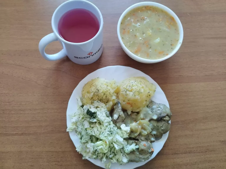 Obiad: dieta podstawowa

zupa grochowa 450ml, wątróbka drobiowa zasmażana z cebulą, 150g, ziemniaki gotowane 150g, surówka z kapusty pekińskiej 110g, woda z sokiem owocowym
A: 1
