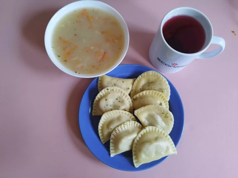 Obiad: dieta podstawowa

zupa jarzynowa 450ml, pierogi z mięsem 320g, woda z sokiem owocowym
A 1,3,9
