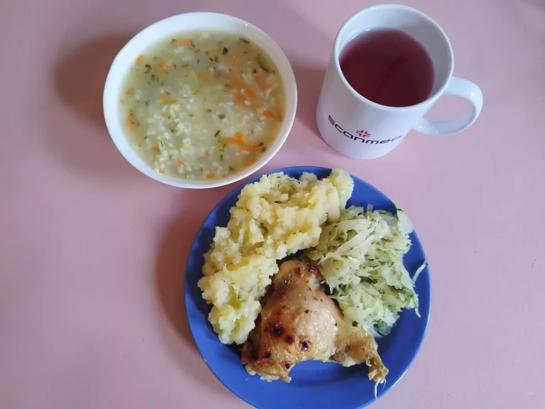 Obiad, dieta podstawowa: zupa ogórkowa z ryżem 450ml, udko z kurczaka 100g, ziemniaki gotowane 200g, zasmażana kapusta biała 110g, woda z sokiem
A: 7

