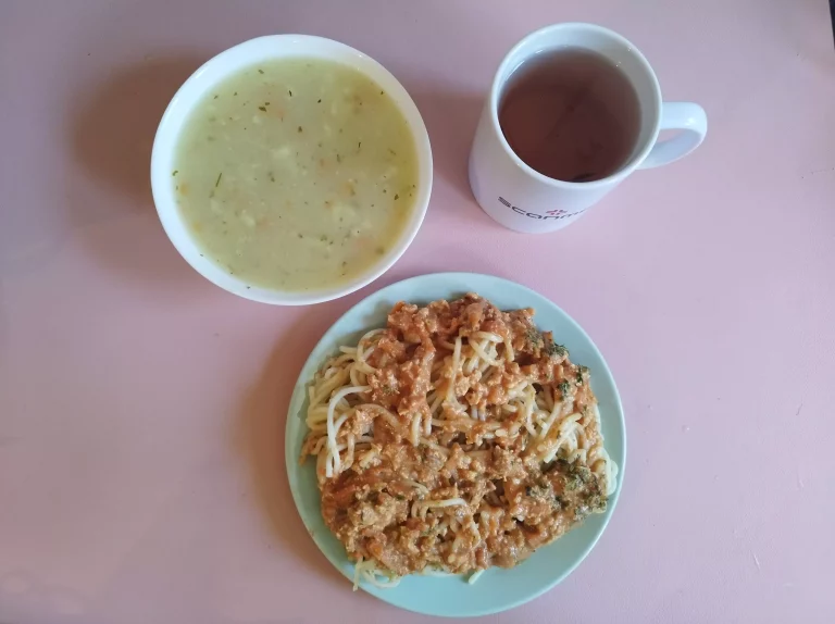 Obiad: dieta podstawowa

zupa kalfiorowa 450ml, spaghetti z mięsem mielonym drobiowym 350g, woda z sokiem owocowym
A 1,3,7
