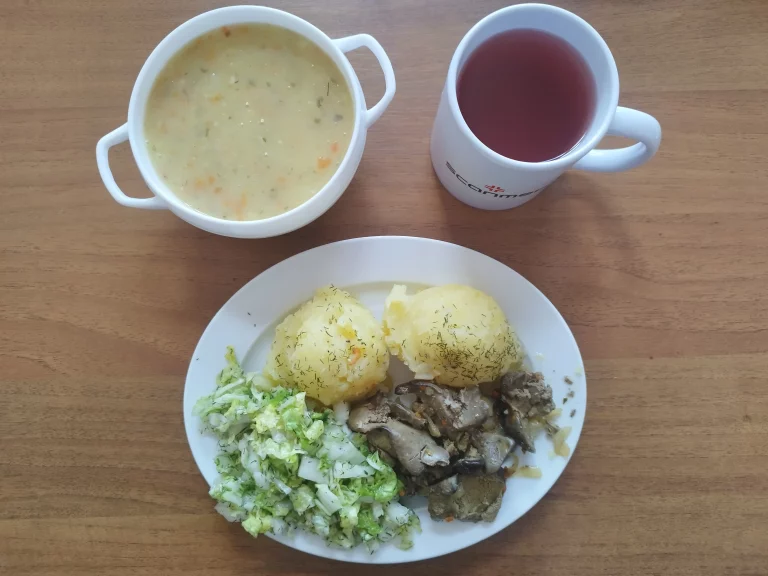 Obiad: dieta podstawowa zupa grochowa 450ml, wątróbka drobiowa zasmażana z cebulą 150g, ziemniaki gotowane 100g, surówka z kapusty pekińskiej 110g, woda z sokiem owocowym 
A 1
