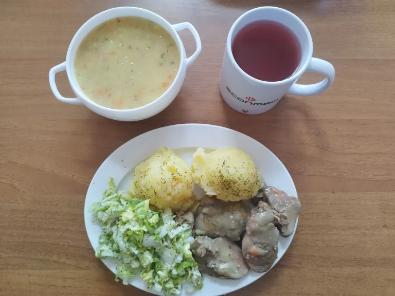 Obiad: dieta z ograniczeniem łatwoprzyswajalnych węglowodanów zupa grochowa 450ml, wątróbka drobiowa gotowana 150g, ziemniaki gotowane 100g, surówka z kapusty pekińskiej 110g, woda z sokiem owocowym
A 1
