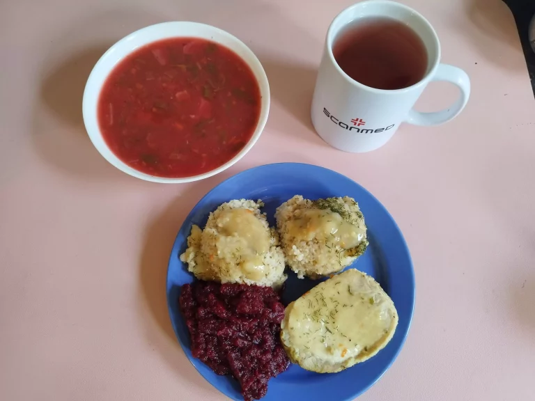 obiad dieta z ograniczeniem łatwo przyswajalnych węglowodanów: botwinka z ziemniakami 450ml, mięso w kawałku w sosie 100g, kasza jęczmienna 100g, buraczki zasmażane 100g, woda z sokiem
A 1