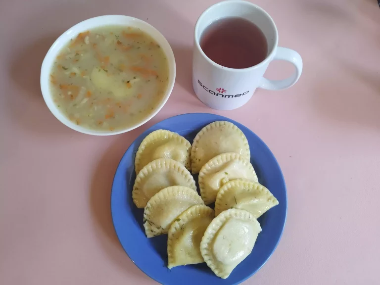 Obiad: dieta podstawowa

zupa jarzynowa 450 ml, pierogi z mięsem 320g, woda z sokiem owocowym
A 1,3,9
