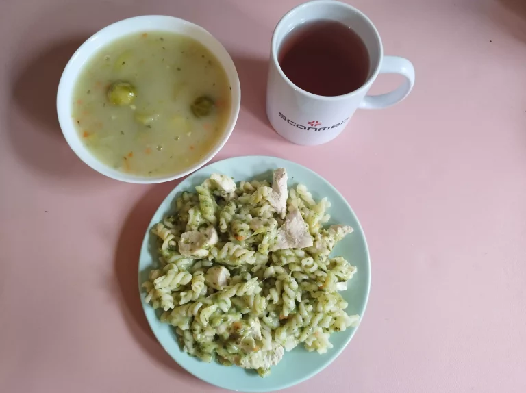 Obiad: dieta podstawowa

zupa brukselkowa 450ml, makaron ze szpinakiem i kurczakiem w sosie śmietanowym 350g, woda z sokiem
A 1,7,9
