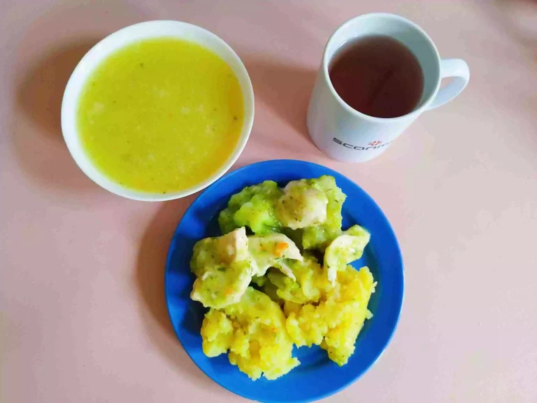 Obiad: dieta łatwostrawna

zupa krem z białych warzyw 450ml, ziemniaki gotowane 200g, sos z kurczakiem i brokułem 150g, woda z sokiem owocowym
A: 1,7,9
