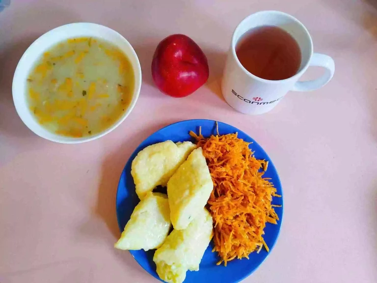 Obiad: dieta łatwostrawna 

zupa krupnik 450 ml, kluski leniwe 200g, surówka z marchewki i brzoskwini 100g, woda z sokiem owocowym
A: 1,3,7
