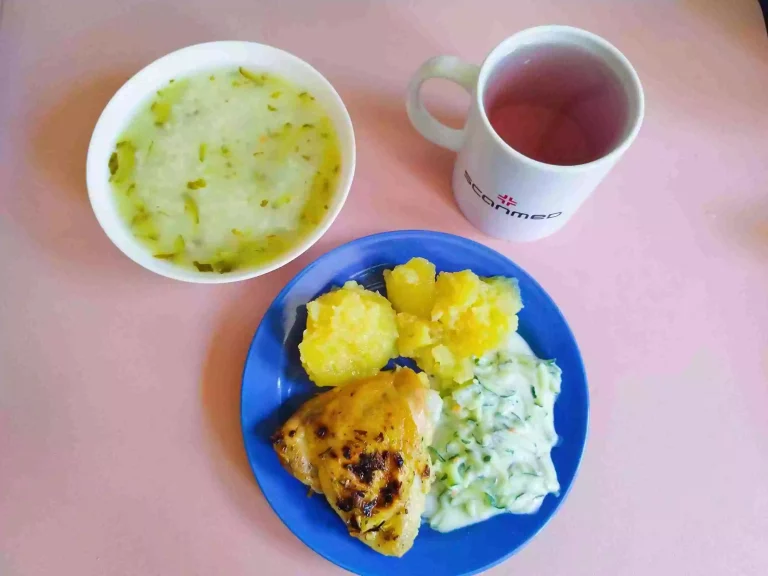 Obiad: dieta podstawowa

zupa ogórkowa z ryżem 450ml, udko z kurczaka pieczone 100g, ziemniaki gotowane 150g, mizeria 100g, woda z sokiem owocowym
A: 7

