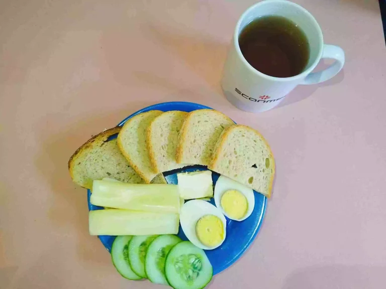 Śniadanie: dieta podstawowa

chleb pszenny 60g, chleb mieszany z płatkami owsianymi 20g, margaryna miękka, jajko na twardo, ser żółty 40g, ogórek świeży 40g, herbata czarna
A: 1,3,7

