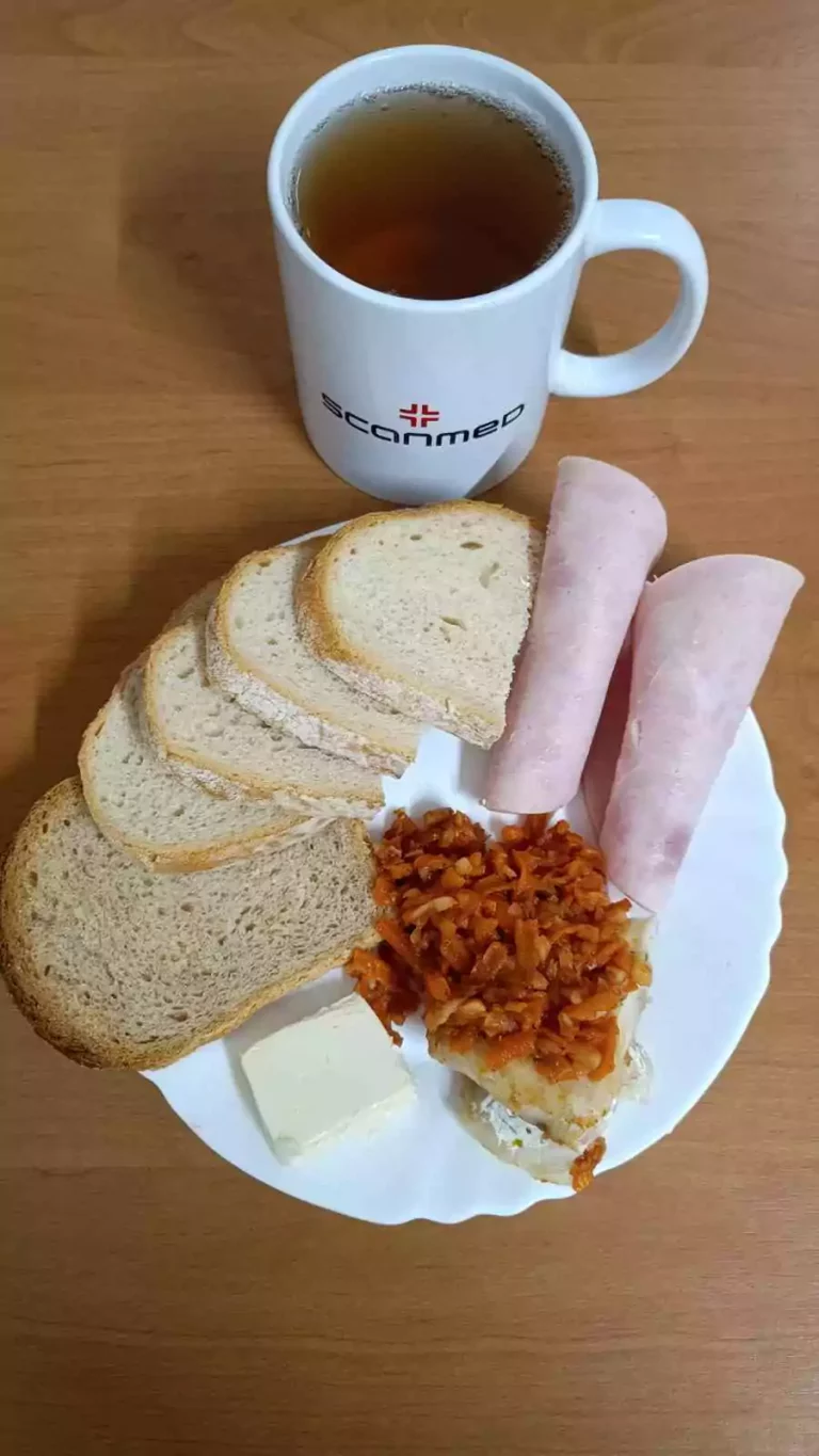 Śniadanie: dieta podstawowa

chleb pszenny 60g, chleb mieszany z płatkami owsianymi 20g, margaryna miękka 10g, wędlina 60g, ryba po grecku z warzywami 70g, herbata czarna 
A: 1,4,7,9
