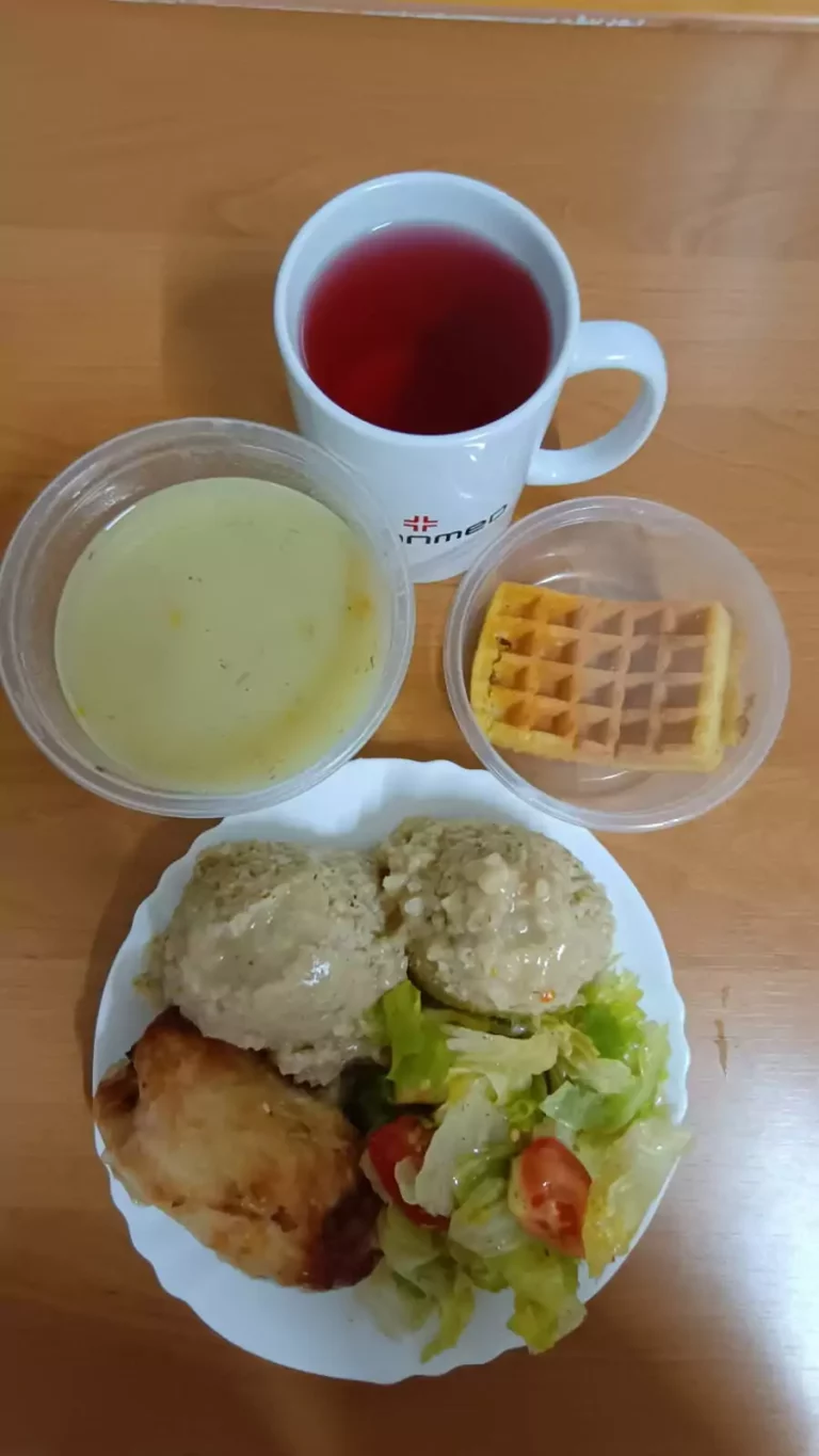 Obiad: dieta podstawowa

zupa koperkowa 450ml, roladka wieprzowa 120g, kasza jęczmienna drobna 100g, surówka z sałaty lodowej i pomidora w sosie koperkowym 110g, woda z sokiem owocowym, gofr z dżemem
A: 1,3,7
