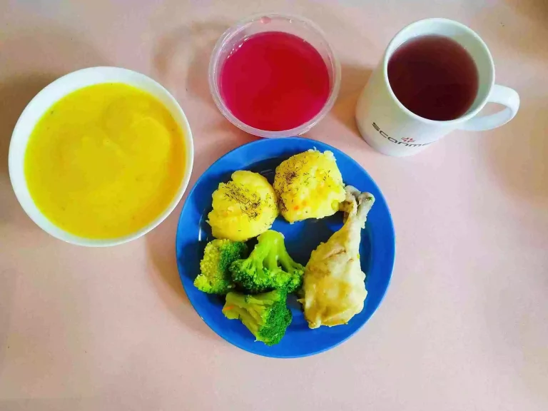 Obiad: dieta łatwostrawna 

zupa krem z dyni 450ml, udko z kurczaka gotowane 100g, ziemniaki gotowane 150g, brouł gotowany 100g, woda z sokiem owocowym, kisiel
A: 9
