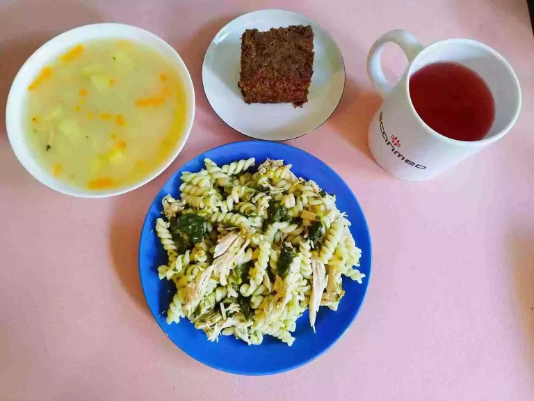 Obiad: dieta łatwostrawna

zupa ziemniaczana 450ml, makaron ze szpinakiem i kurczakiem w sosie jogurtowym 350g, woda z sokiem owocowym, ciasto marchewkowe
A: 1,3,7,9
