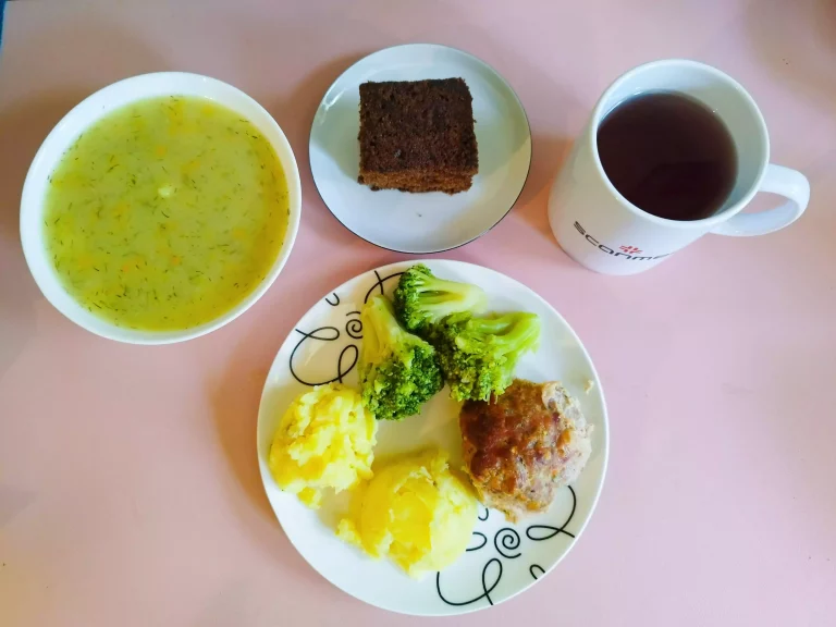 dieta łatwostrawna: zupa koperkowa 450ml, kotlet mielon pieczony 100g, ziemniaki gotowane 150g, brokuł gotowany 100g, woda z sokiem owocowym, domowe ciasto marchewkowe
A: 1,3