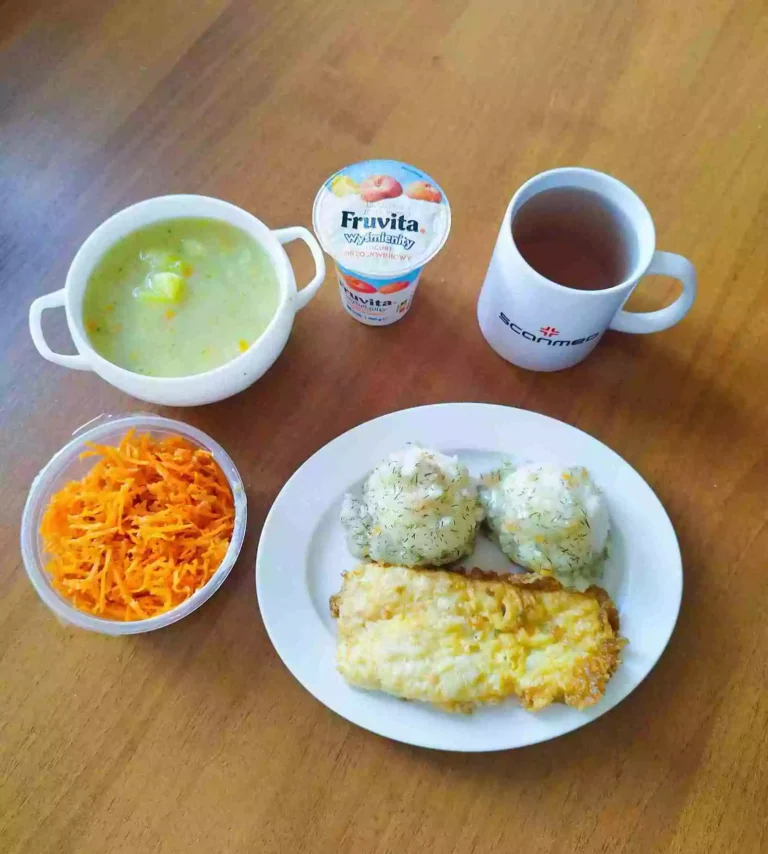 Obiad: dieta podstawowa

zupa brokułowa 450ml, ryba smażona w panierce 120g, ryż biały 100g, marchew tarta z jabłkiem 110g, woda z sokiem owocowym, jogurt
A: 1,3,4,7,9
