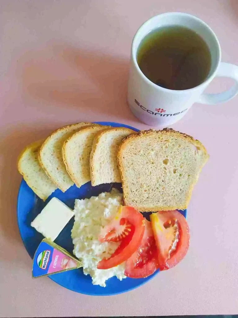 Śniadanie: dieta podstawowa

chleb pszenny 60g, chleb mieszany 20g, margaryna miękka 10g, twarożek 100g, ser topiony 30g, pomidor 50g, herbata czarna
A: 1,7
