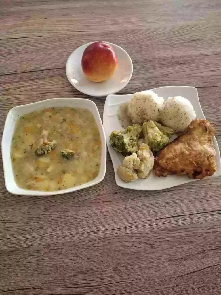 Obiad: dieta podstawowa

zupa brokułowa 450ml, smażona ryba w panierce w sosie koperkowym 100g, ryż biały 100g, bukiet warzyw 100g, woda z sokiem owocowym
A: 1,3,4
