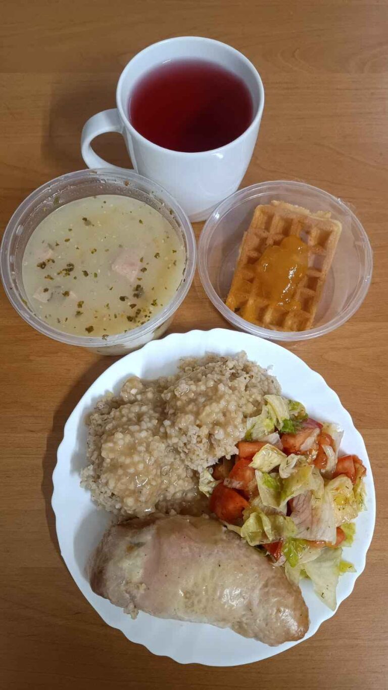 Obiad: dieta podstawowa

zupa zalewajka 450ml, roladka wieprzowa 120g, kasza jęczmienna 100g, surówka z salaty lodowej i pomidra w sosie koperkowym 110g, woda z sokiem owocowym, gofr z dżemem
A: 1,3,7,10
