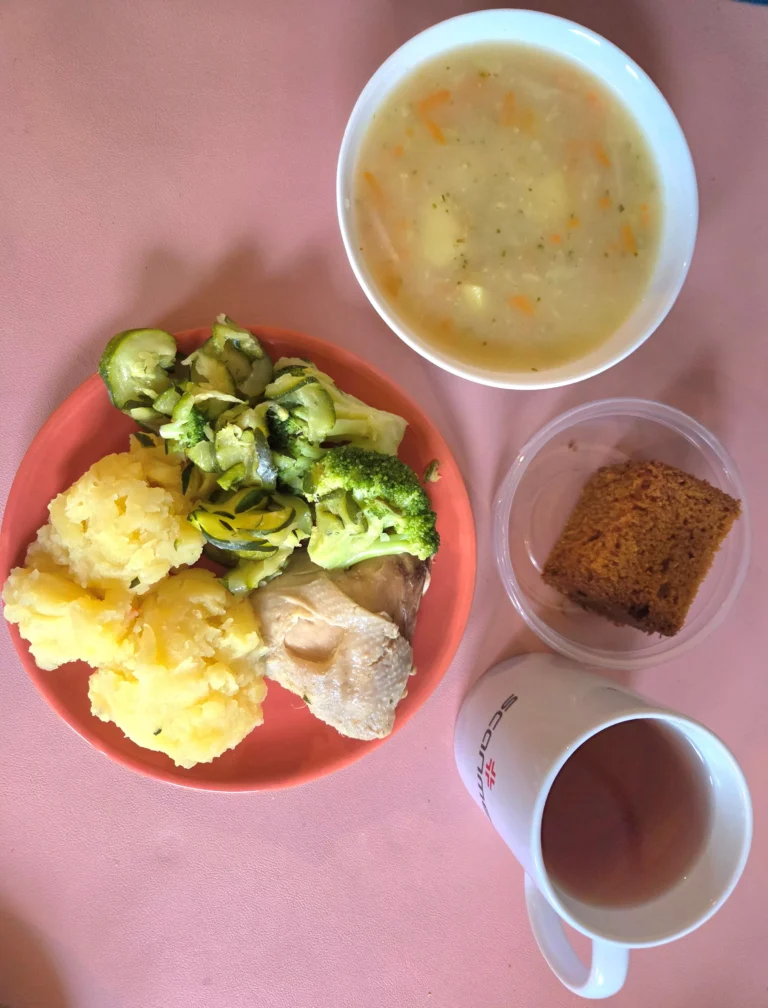 obiad dieta łatwostrawna: zupa jarzynowa 450ml, udko z kurczaka gotowane 100g, ziemniaki gotowane 150g, cukinia gotowana, brokuł gotowany 120g, woda z sokiem owocowym, ciasto dyniowe
A: 1,3,9 obiad dieta łatwostrawna: zupa jarzynowa 450ml, udko z kurczaka gotowane 100g, ziemniaki gotowane 150g, cukinia gotowana, brokuł gotowany 120g, woda z sokiem owocowym, ciasto dyniowe
A: 1,3,9