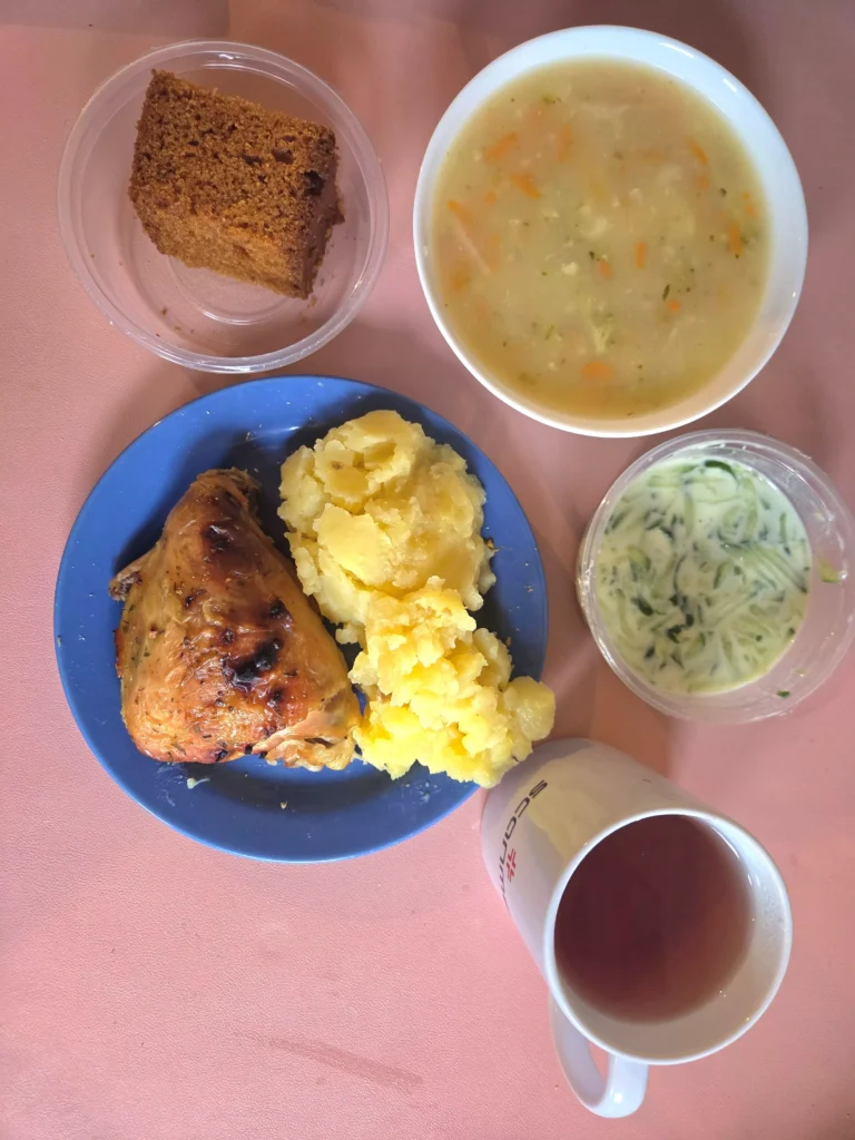 obiad dieta podstawowa: zupa jarzynowa 450ml, udko z kurczaka pieczone 100g, ziemniaki gotowane 150g, mizeria na jogurcie 100g, woda z sokiem owocowym, ciasto dyniowe
A: 1,3,7,9 obiad dieta podstawowa: zupa jarzynowa 450ml, udko z kurczaka pieczone 100g, ziemniaki gotowane 150g, mizeria na jogurcie 100g, woda z sokiem owocowym, ciasto dyniowe
A: 1,3,7,9