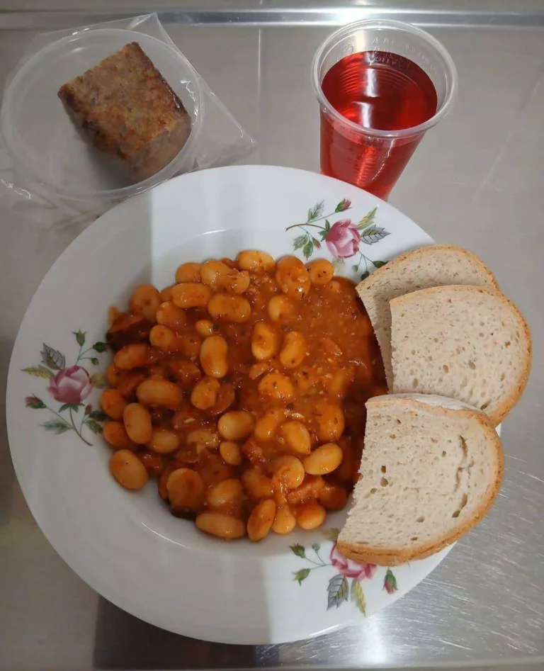 obiad dieta podstawowa:  zupa jarzynowa 450 ml, fasolka po bretońsku 300 g, chleb pszenny 70 g, woda z sokiem malinowym, ciasto marchewkowe
A: 1,3,9
